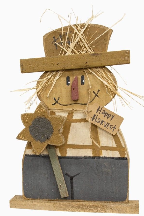 Rustic Wood Happy Harvest Flannel Shirt Scarecrow W/Sunflower