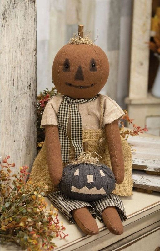 Primitive Pumpkin Girl Doll with Black Jack O Lantern