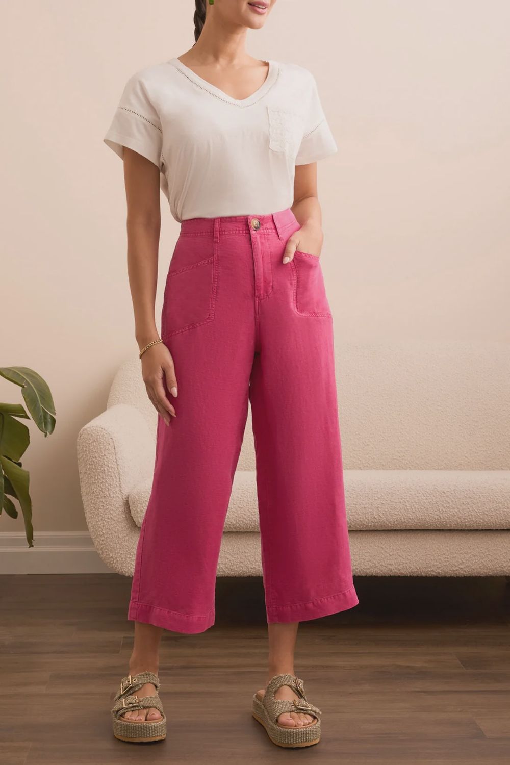 Pant Brooke Linen Wide Crop, Colour: Very Berry, Size: 6