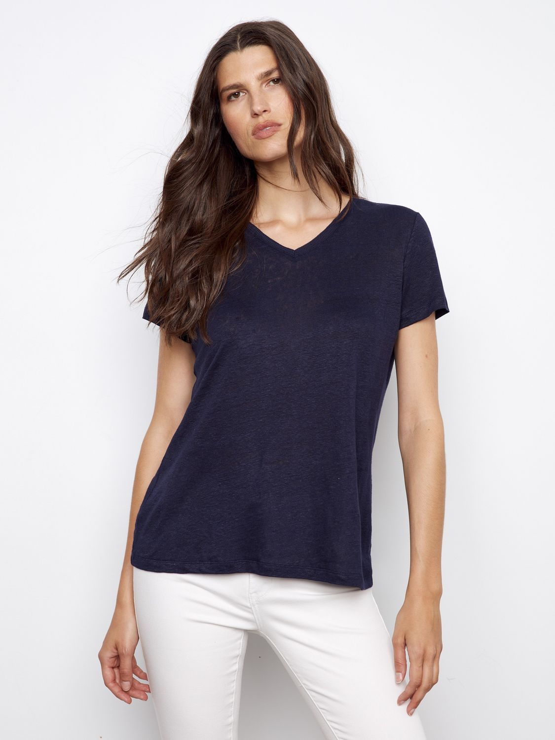 T-Shirt Linen VNeck, Colour: Navy, Size: S