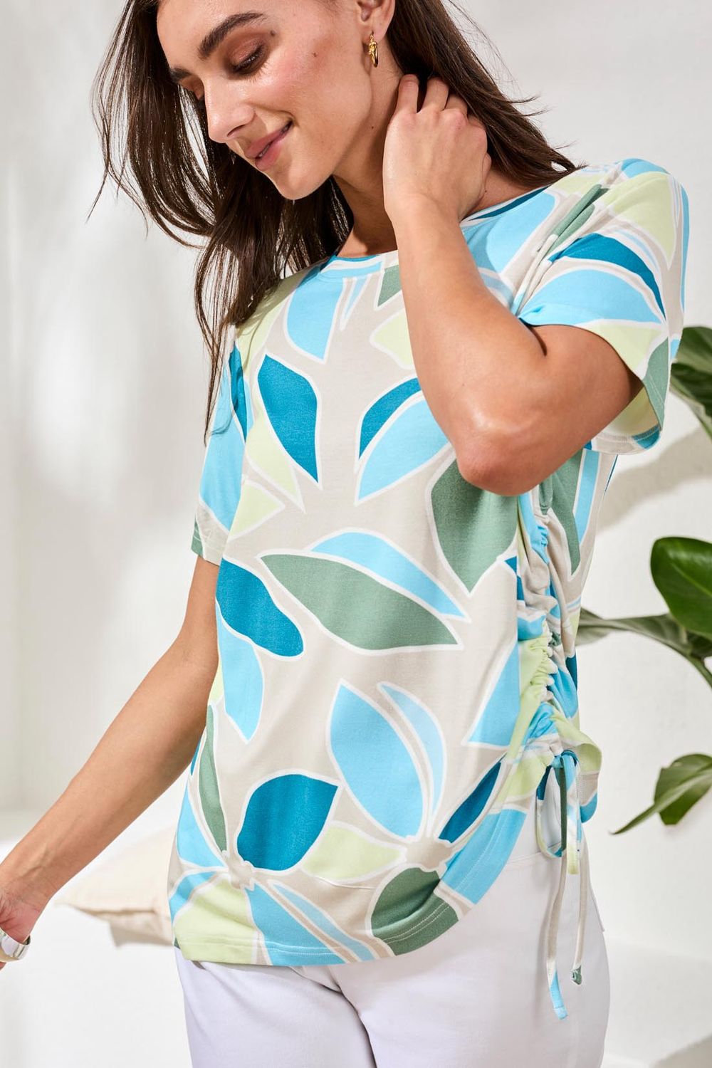 Top Crew neck Printed with Side Rushing, Colour: Aqua Sky, Size: S