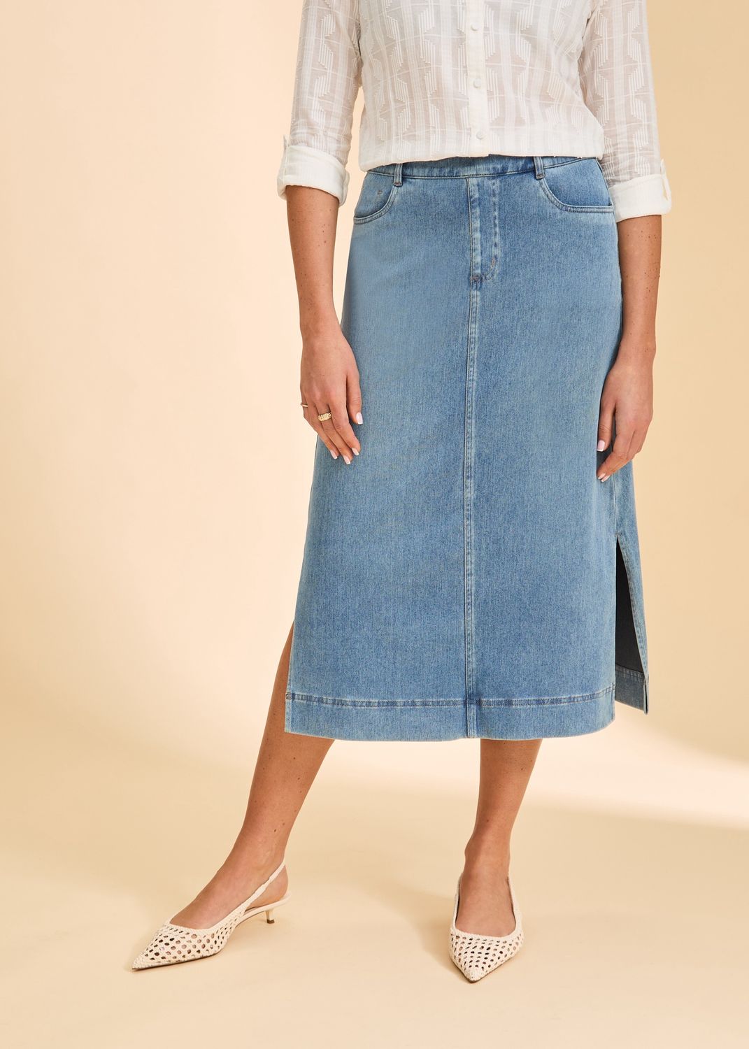 Skirt Denim Pull on Side Slits, Colour: Light Denim, Size: S