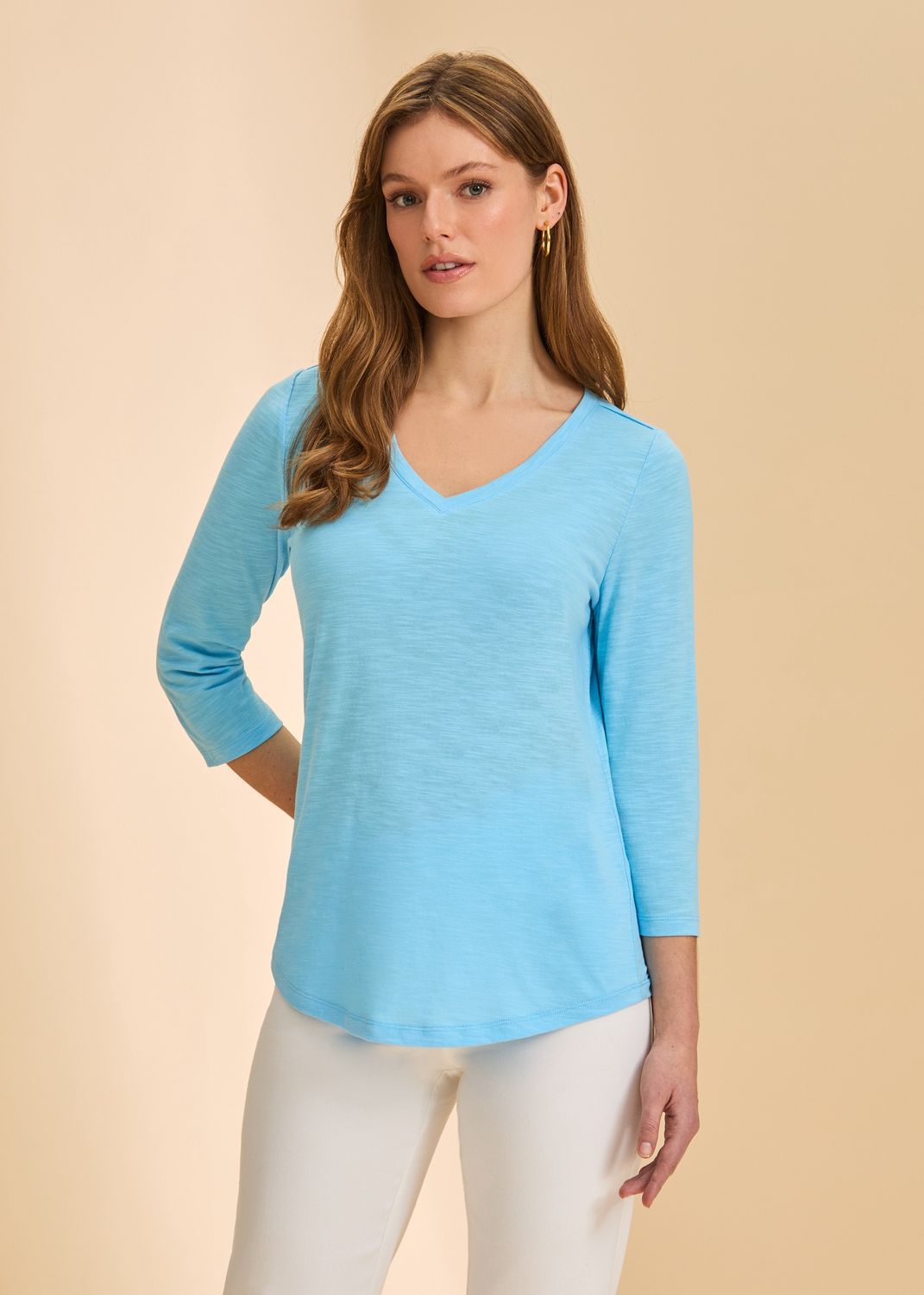 Top V-Neck 3/4 Sleeve Slub Texture