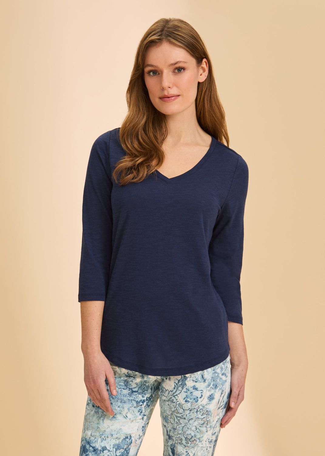 Top V-Neck 3/4 Sleeve Slub Texture, Colour: Navy, Size: S