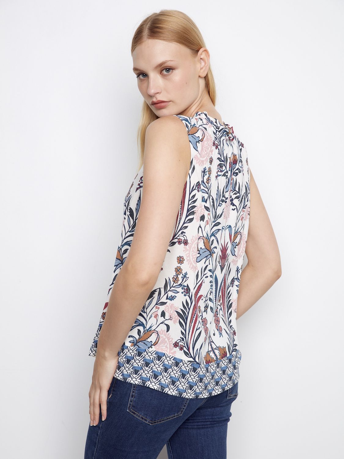 Top Sleeveless Border Print Ruffle Neck