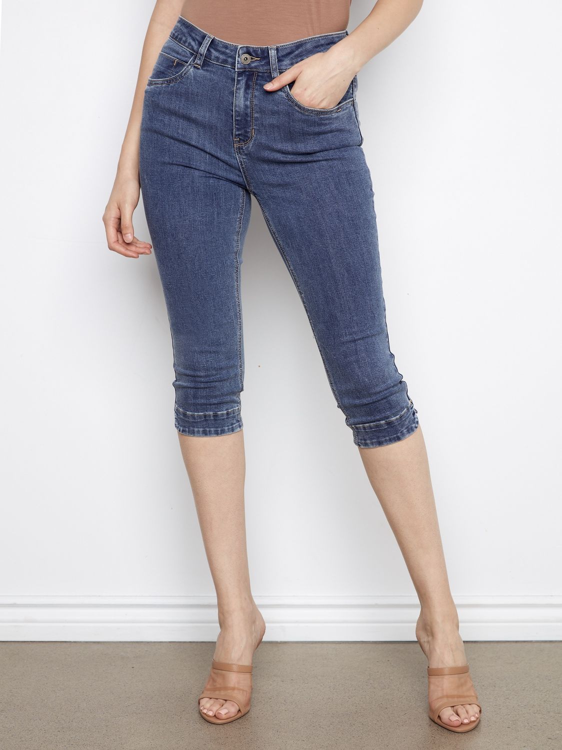 Capri Stretch Denim Knee High, Colour: Medium Blue, Size: 6