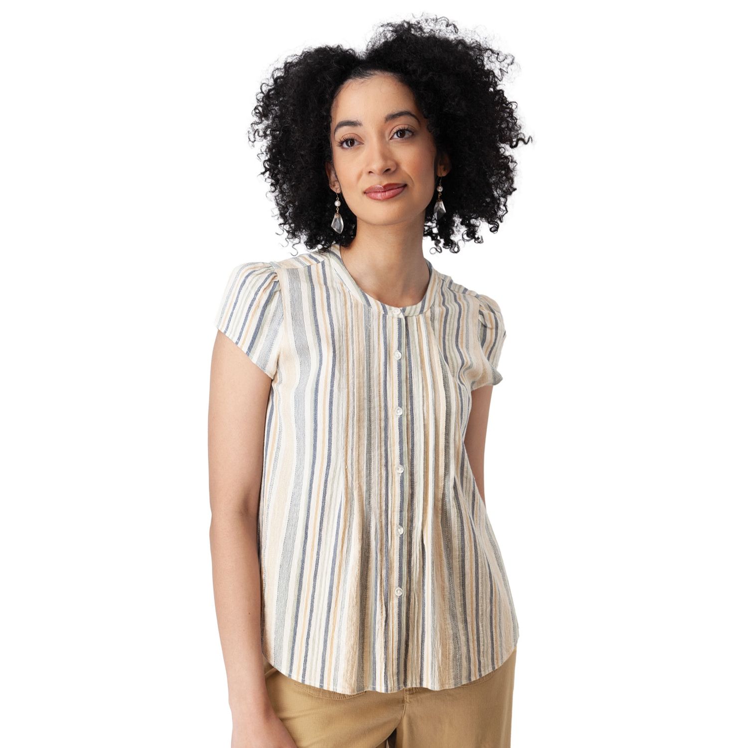 Blouse  Pippin Stripe Button down Cap Sleeve, Colour: Indigo, Size: L