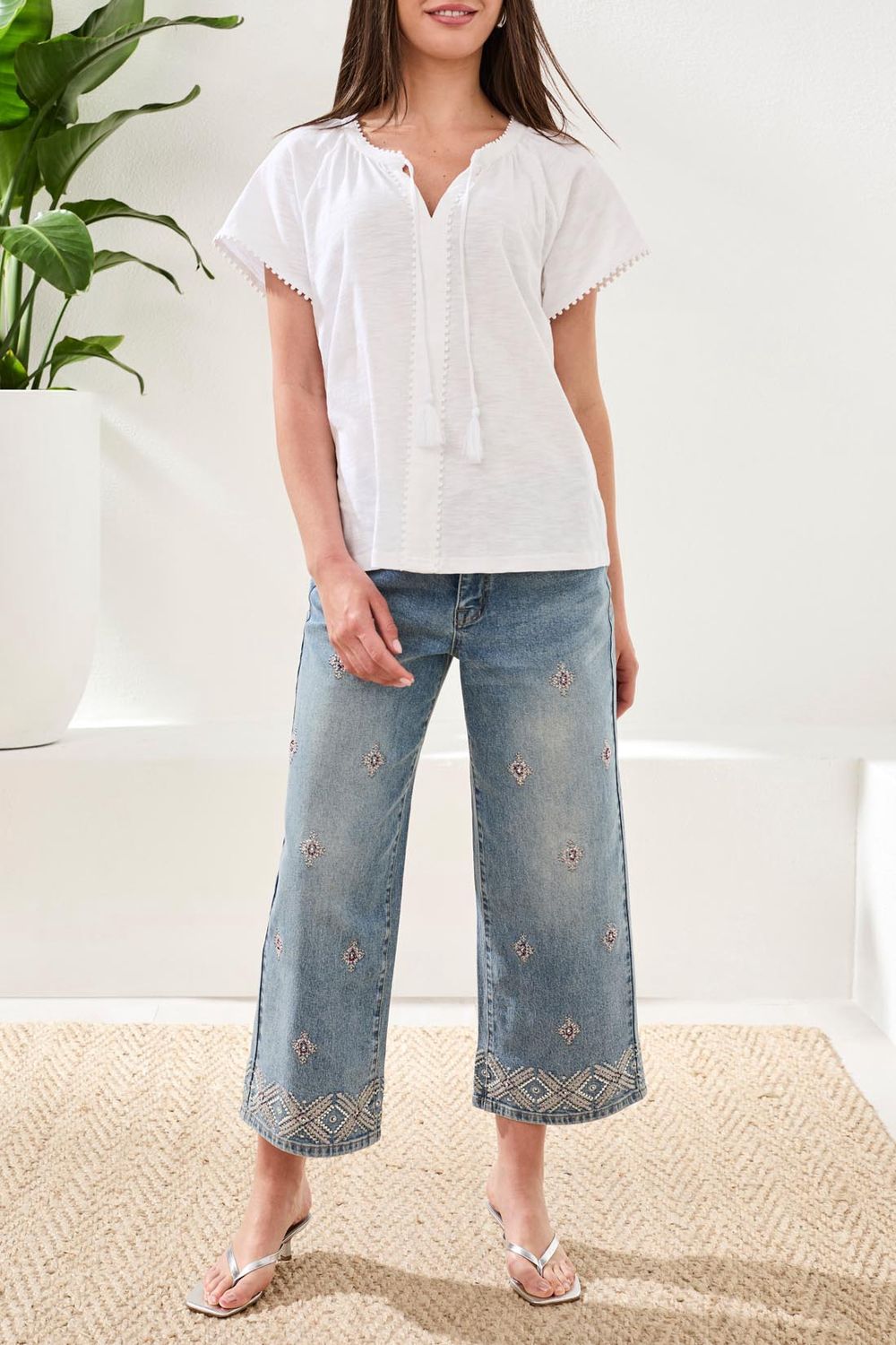 Top Split neck Short Sleeve With Tassles