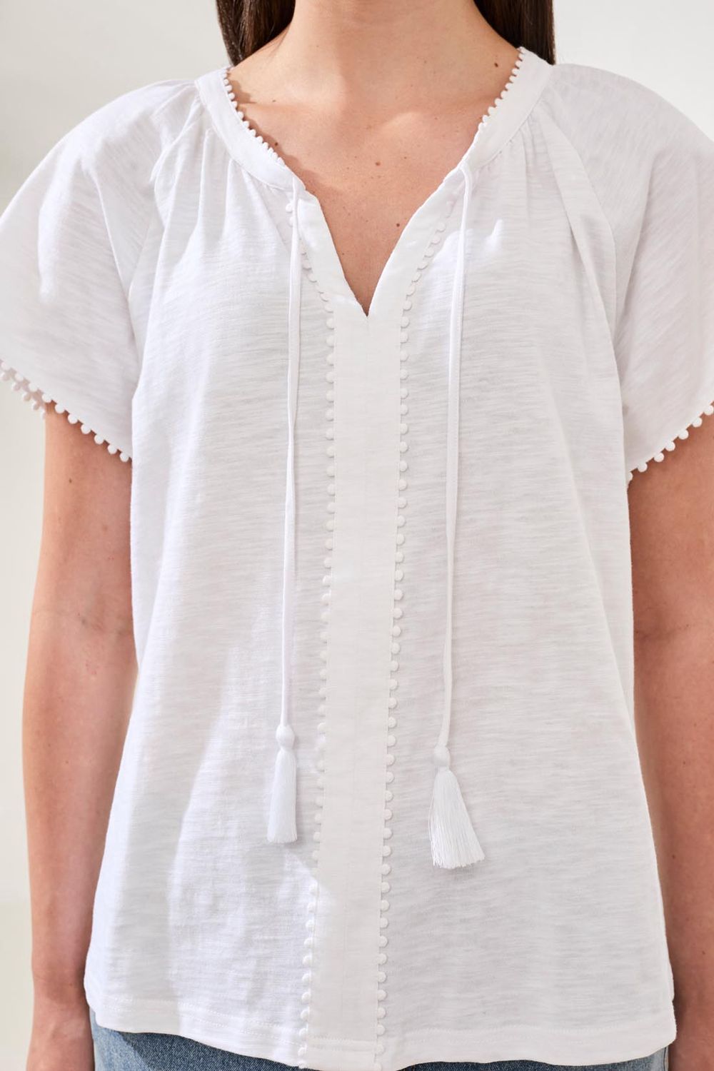 Top Split neck Short Sleeve With Tassles