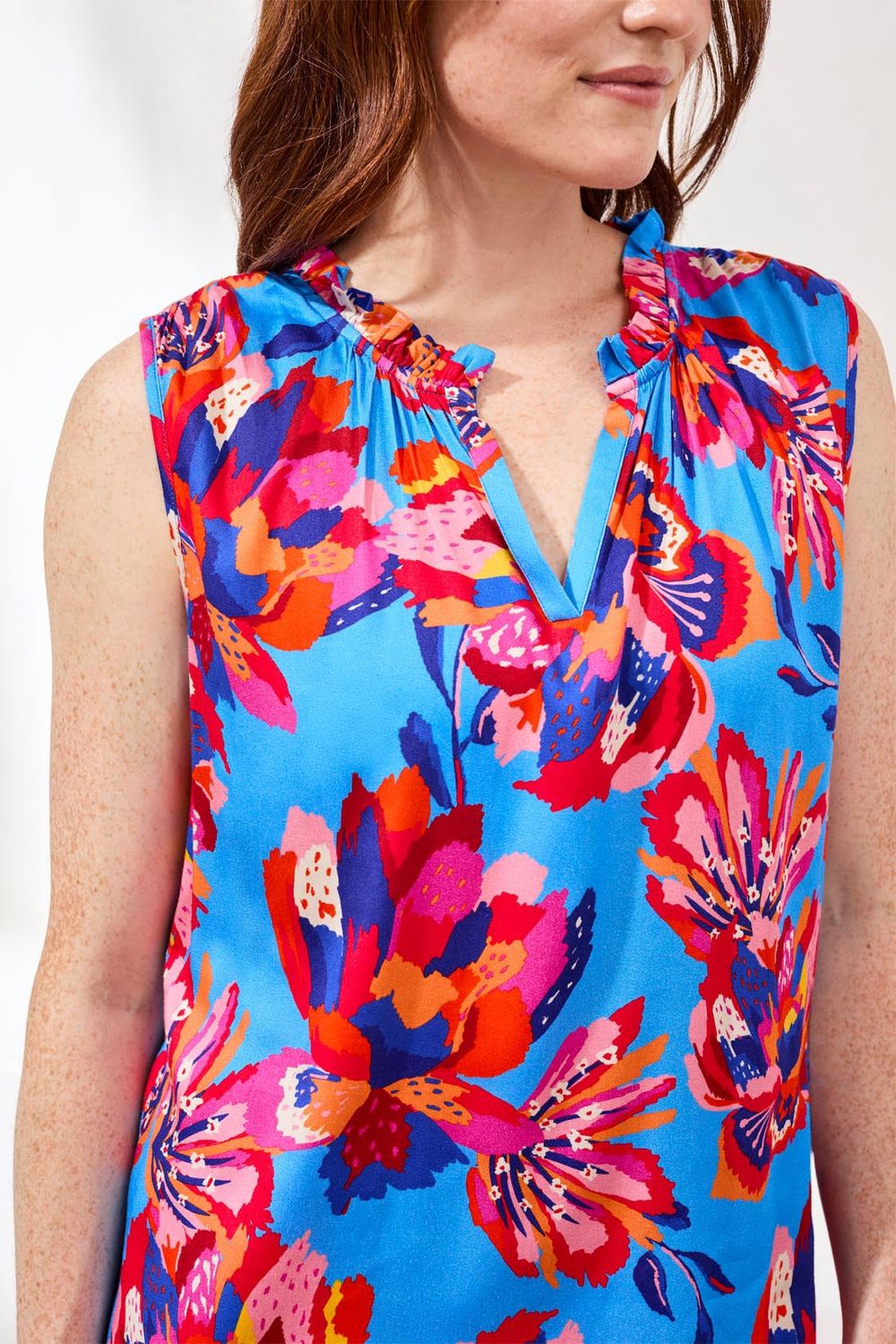 Blouse Sleeveless V-Neck with Neck frill, Colour: TurkishSea, Size: S