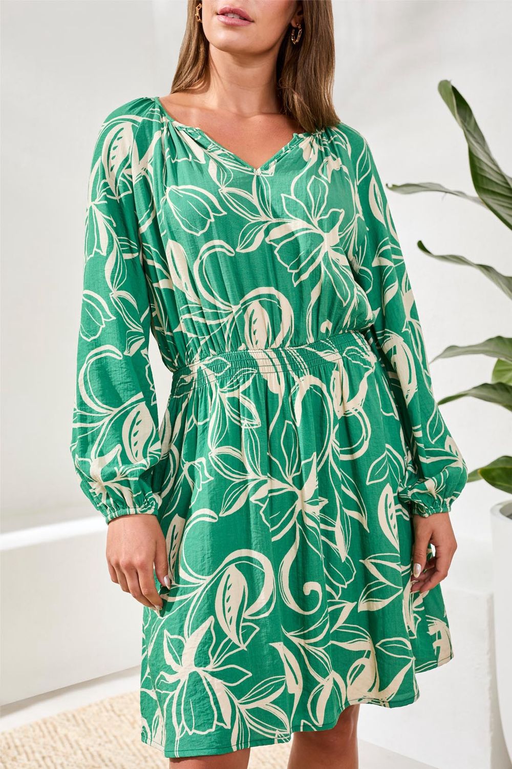 Dress Printed V-Neck Balloon Sleeve, Colour: Grass, Size: S
