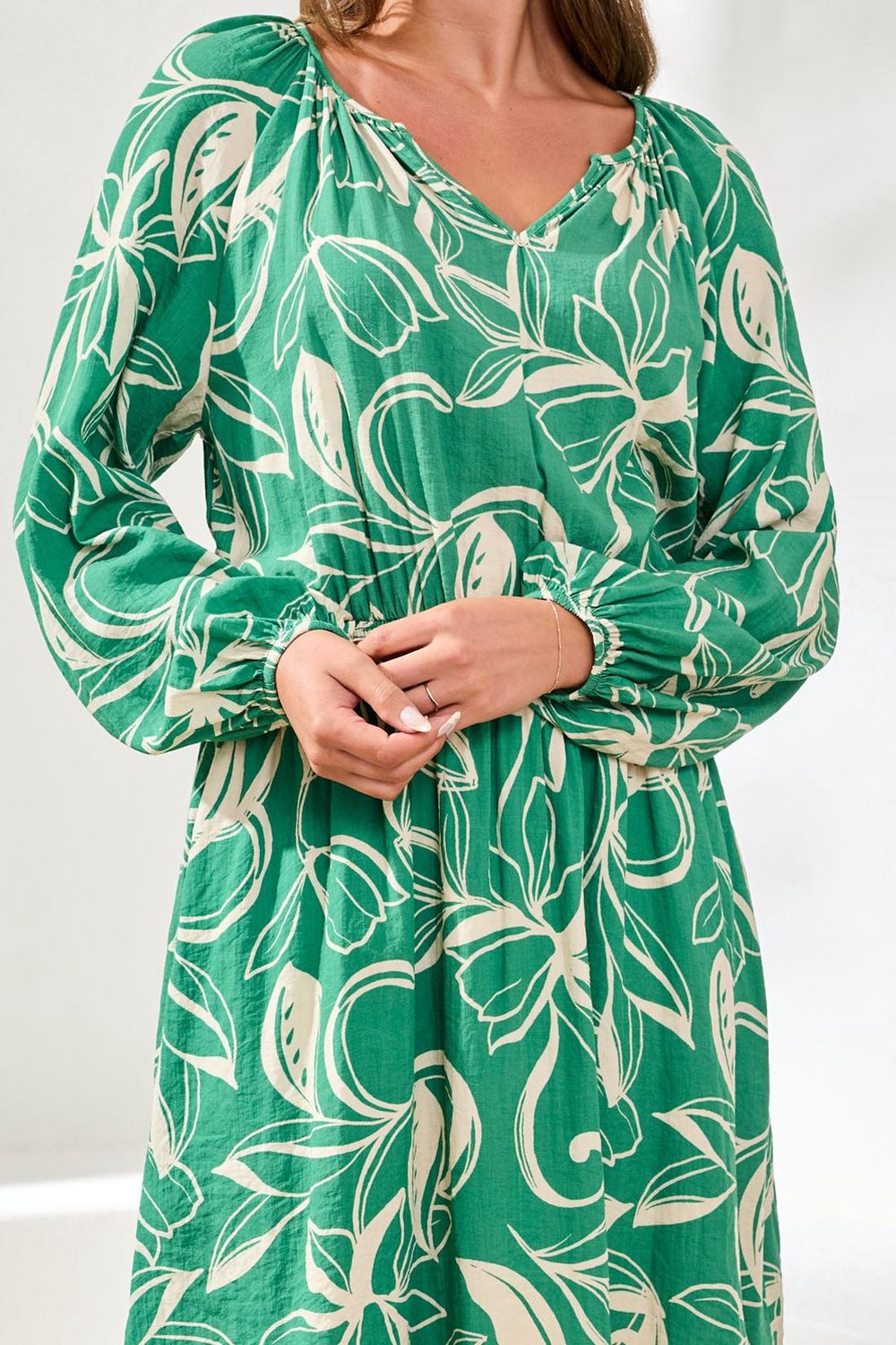 Dress Printed V-Neck Balloon Sleeve