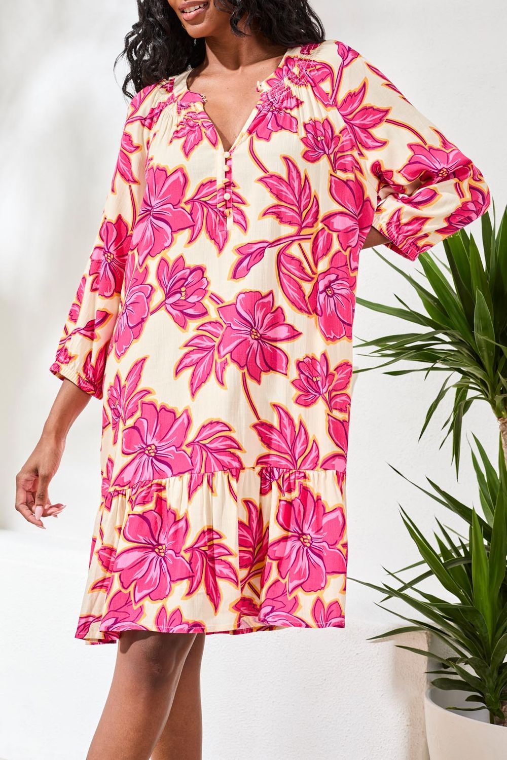 Dress Tiered 3/4 Sleeve Notch Neck, Colour: Pink Glow, Size: S