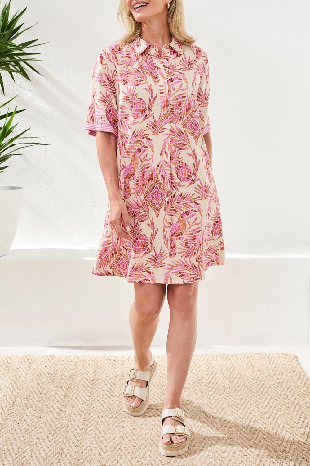 Dress Linen Rayon Blend Short sleeve with Collar, Colour: Wisteria, Size: S