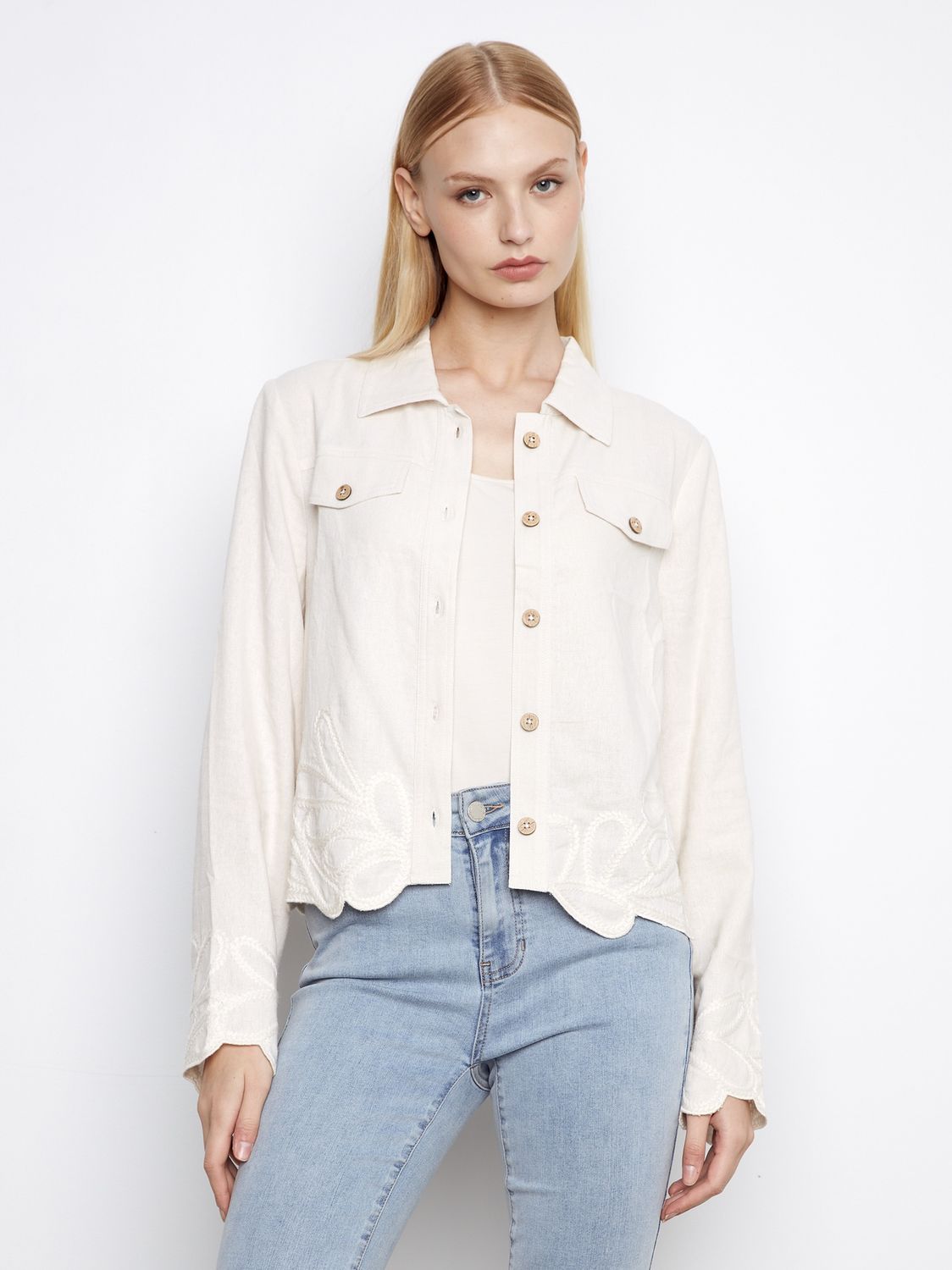 Jacket Linen Blend with Embroidered Hem, Colour: Natural, Size: S