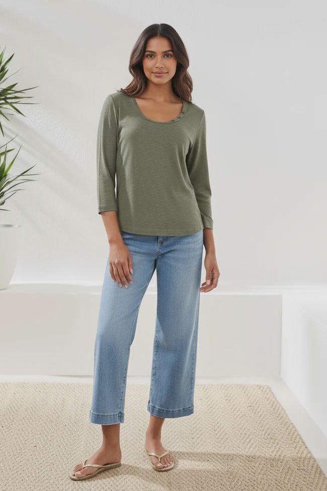 Top 3/4 sleeve Slub Knit Scoop neck, Colour: Moss, Size: S