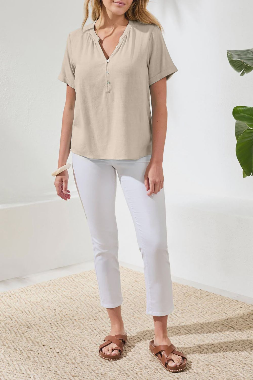 Blouse S/S with Buttoned Placket, Colour: Canvas, Size: S