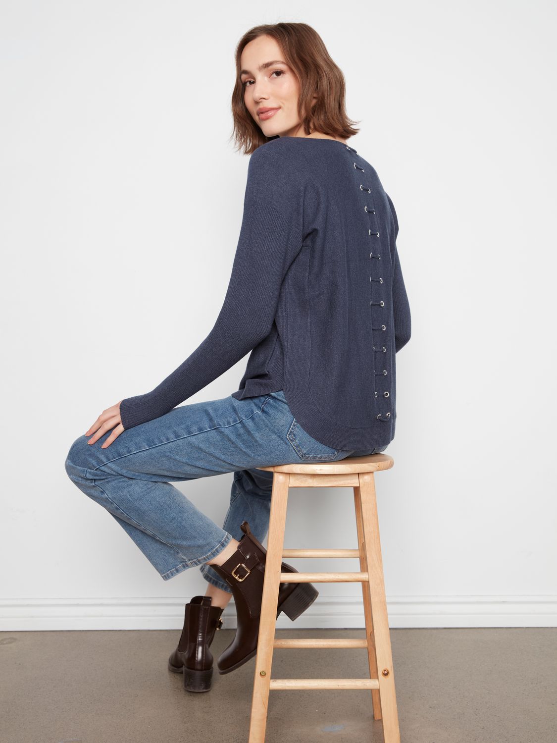 Sweater Boat neck Eyelet Back