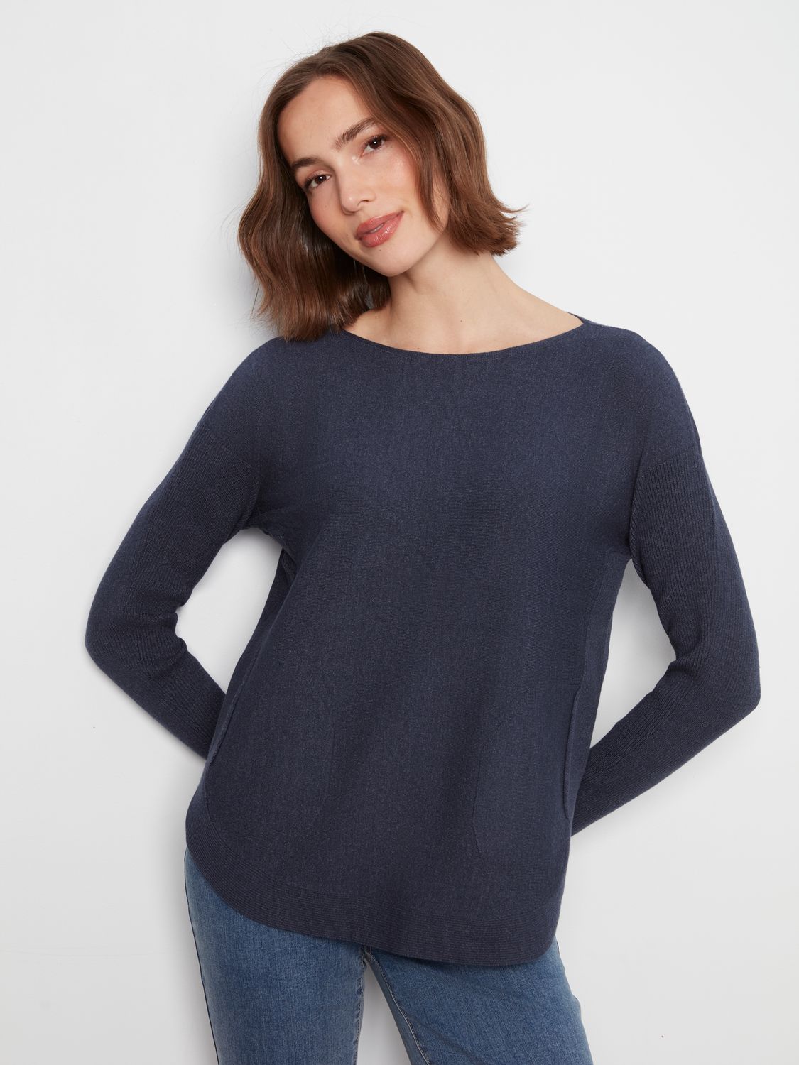 Sweater Boat neck Eyelet Back, Color: Heather Denim, Size: XS