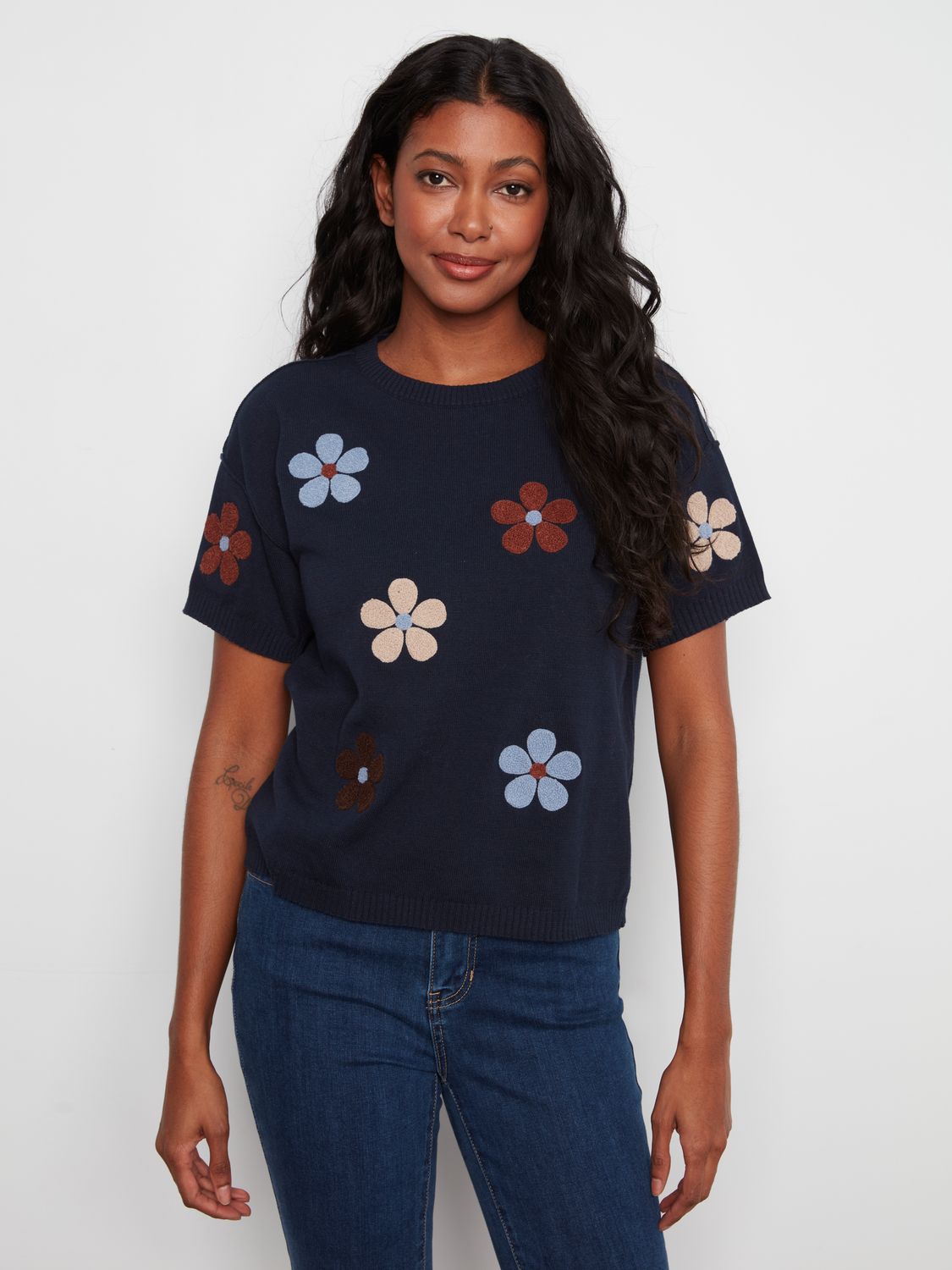 Sweater Elbow Sleeve Crew Neck Flowers