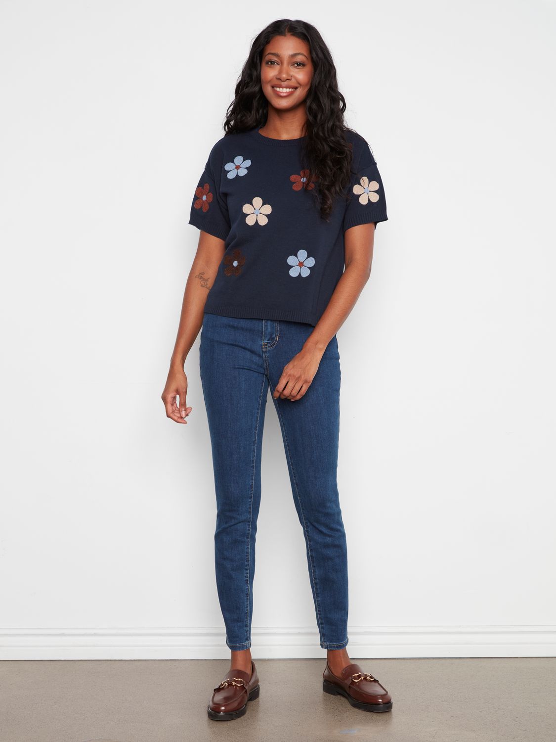 Sweater Elbow Sleeve Crew Neck Flowers