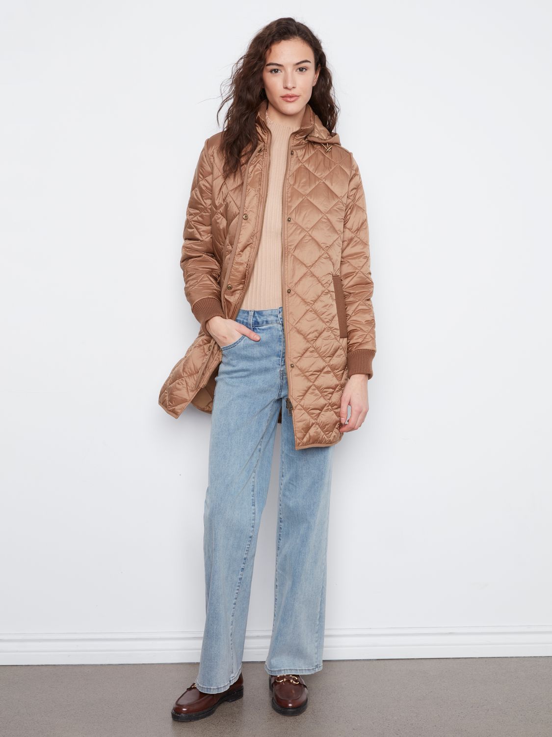 Coat Puffer with Sweater Rib and Removable Hood