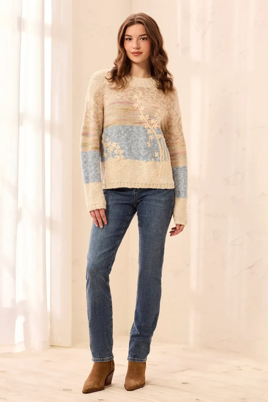 Sweater Crew Neck  Embroidered Slub Texture