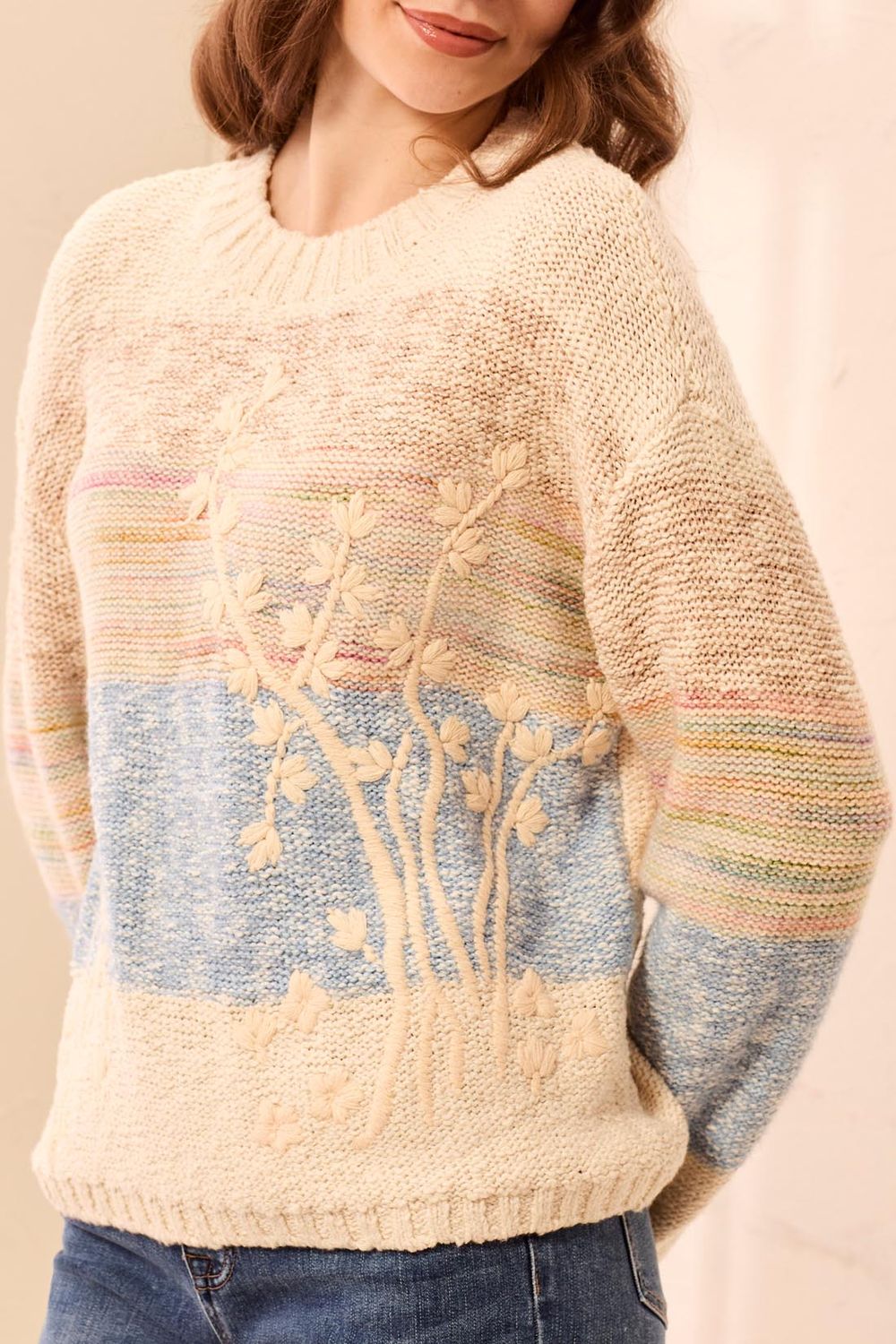 Sweater Crew Neck  Embroidered Slub Texture, Colour: Azure, Size: S