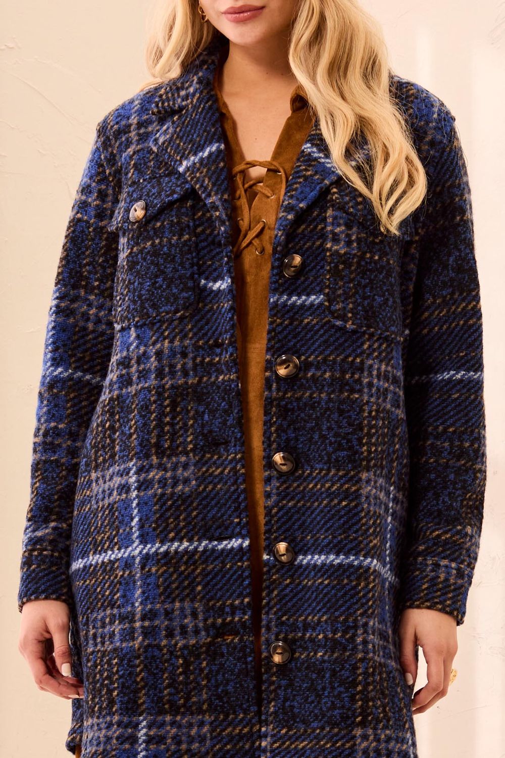 Jacket Knit Plaid Notch Collar