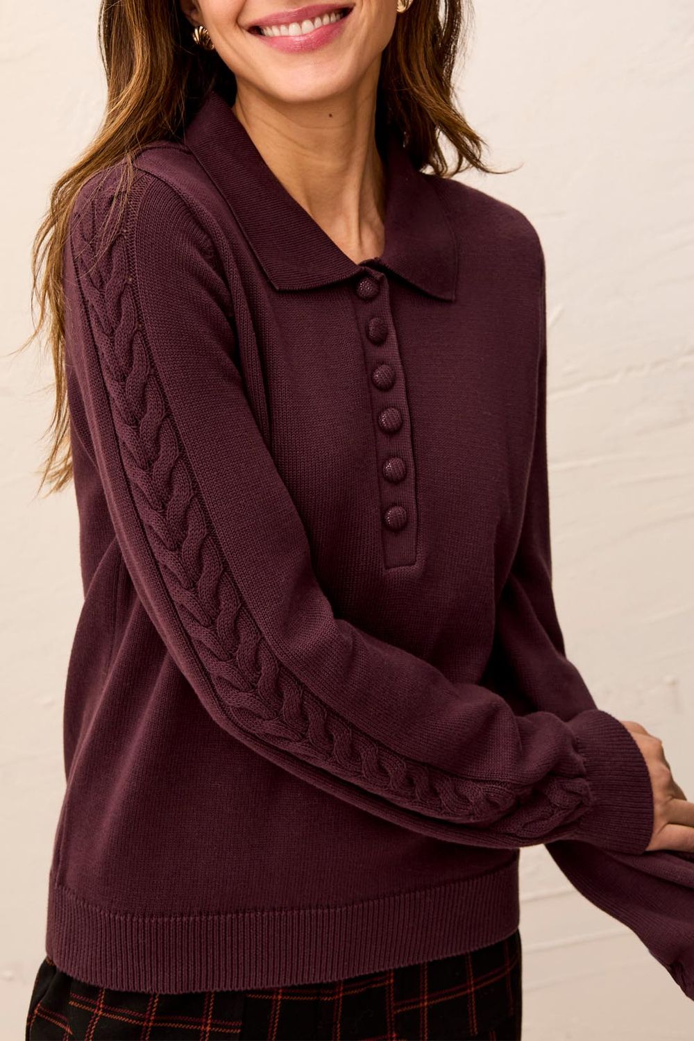 Sweater Polo with Buttons and  Cable details, Colour: Fudge, Size: S