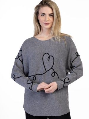 Sweater with Heart Pattern, Color: Grey/Black, Size: S