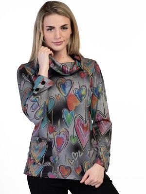 Top cowl neck Heart print, Color: Multi, Size: S