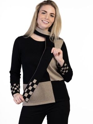Sweater with Scarf, Color: Black/Taupe, Size: S
