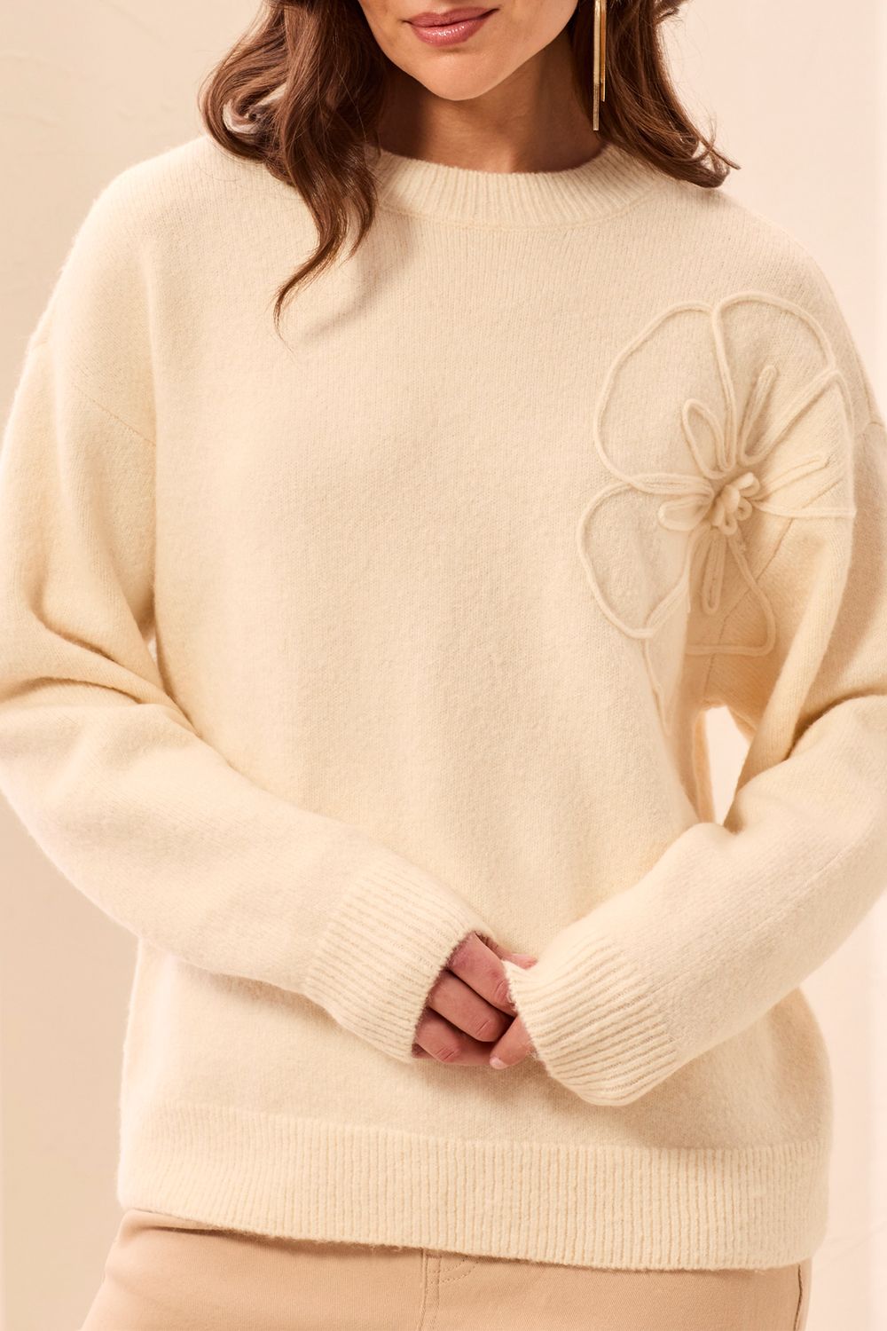 Sweater Mock Neck with Embroidery, Colour: Moonstone, Size: S