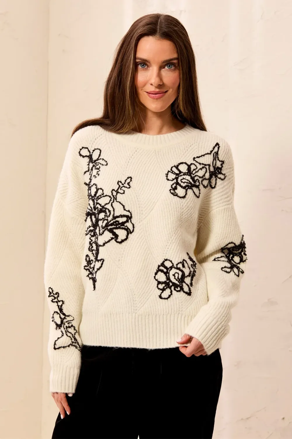 Sweater Crew neck with Floral Embroidery, Color: MoonStone, Style: S