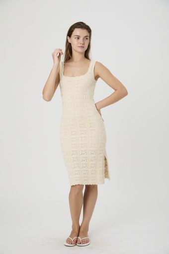 Nellis Square Crochet Knit Midi Dress, Color: 20-ECRU, Size: XS