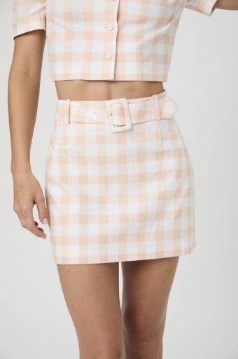 Aspen Linen Gingham Belted Skirt, Color: 11-SEASHELL GHINGHAM, Size: 2