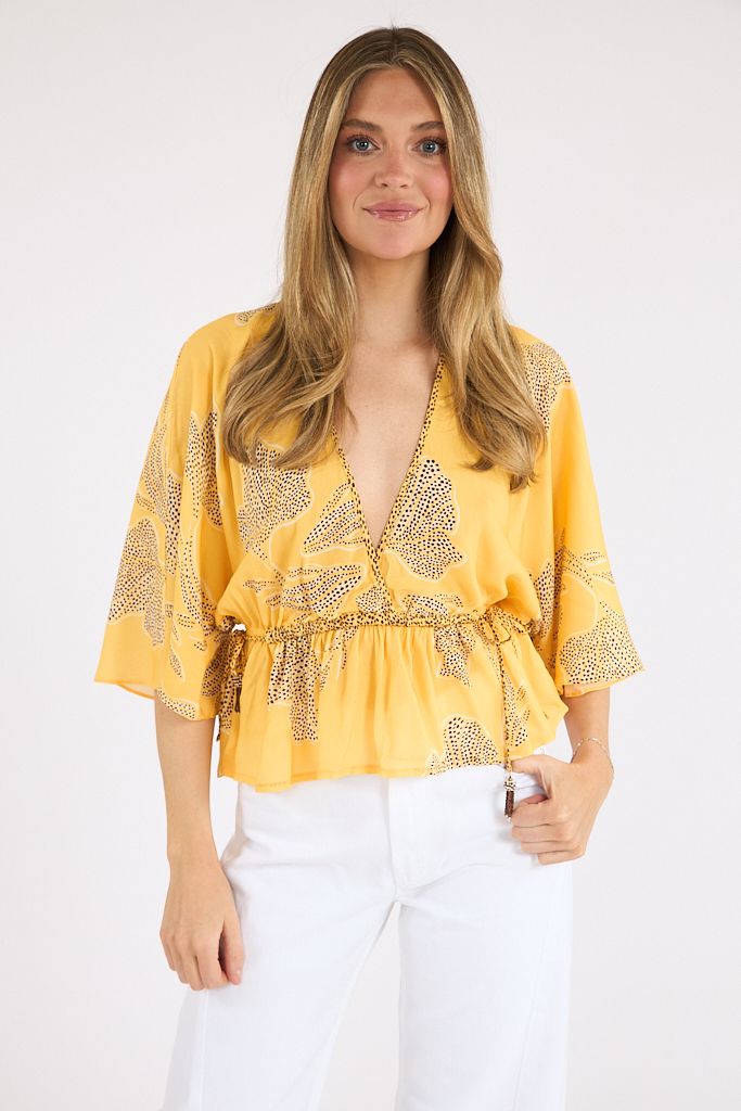 Drawstring Plunging Neck Blouse