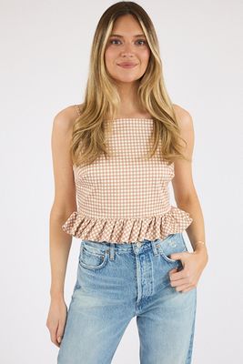Lilah Stretch Cotton Gingham Ruffle Peplum Top