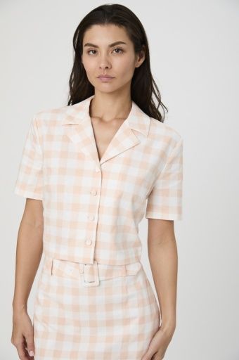 Aspen Linen Gingham Crop Shirt, Color: 11-SEASHELL GHINGHAM, Size: 2