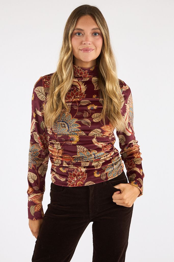 Delhi Floral Burgundy Velvet Jersey Blouse, Farm Rio