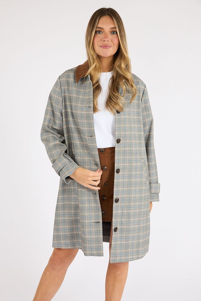 Matteo Plaid Suiting Suede Collar Coat, French Connection, e.Allen