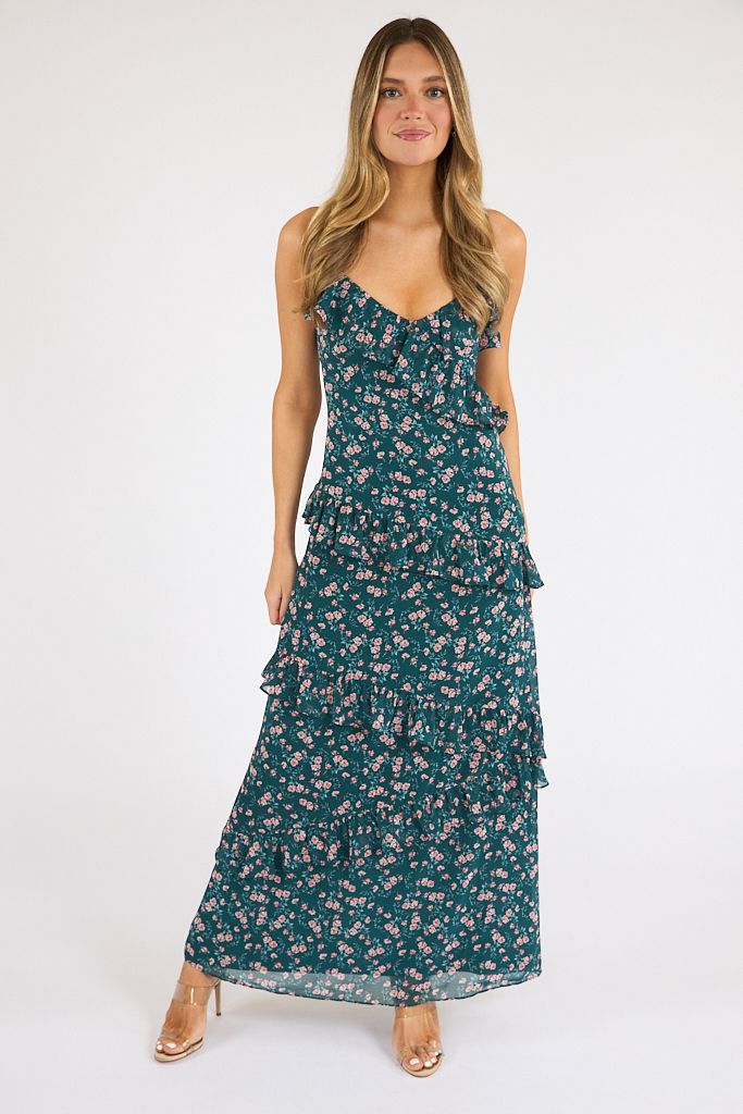 Marina Silky Chiffon Lucia Fleur Ruffle Maxi Dress, French Connection, e.Allen