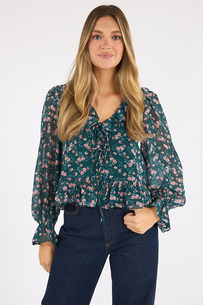 Marina Silky Chiffon Lucia Fleur Ruffle Long Sleeve Blouse, French Connection, e.Allen