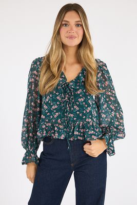 Marina Silky Chiffon Lucia Fleur Ruffle Long Sleeve Blouse, French Connection, e.Allen