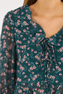 Marina Silky Chiffon Lucia Fleur Ruffle Long Sleeve Blouse