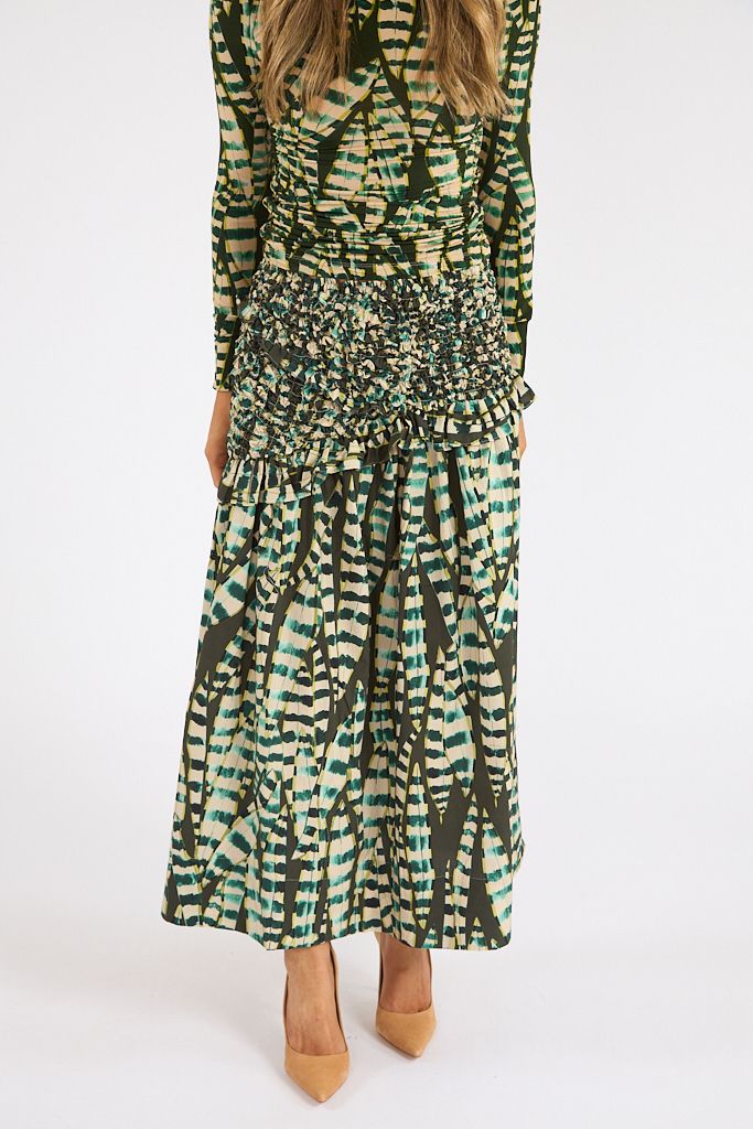 Striped Leaves Moss Green Midi Skirt