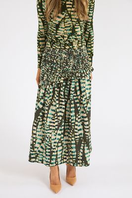 Striped Leaves Moss Green Midi Skirt