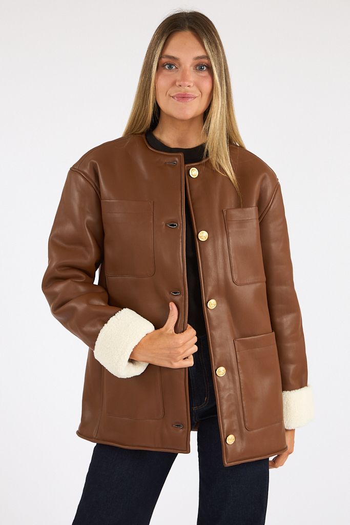 Porto Faux Leather Sherpa Cuff Jacket, French Connection