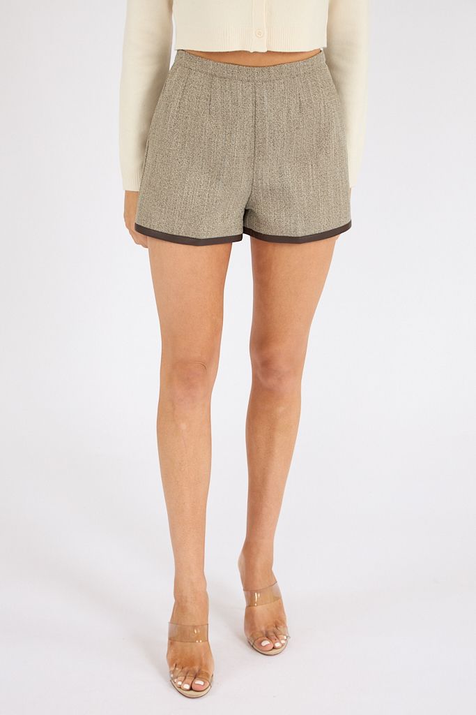 Speckled Herringbone Suiting With Faux Leather Trimmed Shorts, French Connection, e.Allen